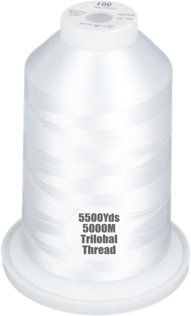 simthread Trilobal Polyester Thread – 5000M (5500yds) No.40 – Super Sheen, Tangle-Free – Built-in Thread Lock Spool – Compatible with Brother, Singer, Janome & More, White-001 - Image 1